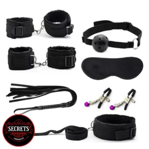 7 Piece Beginner BDSM Set (contains 1x hand cuffs 1x leg cuffs 1x flogger 1x choker leash 1x 2 adjustable nipple clamps 1x eye mask 1x ball gag)