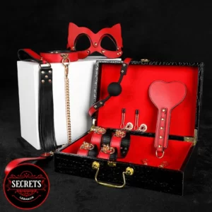 A Red and Black case containing various BDSM accessories including Leather Cuffs, a Black Mouth Gag and a Gold BDSM Leash.