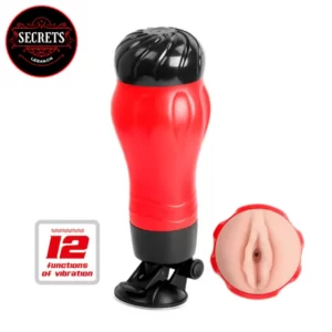 A red and Black Masturbator with a Vagina Design Intended for men too use for solo Masturbation