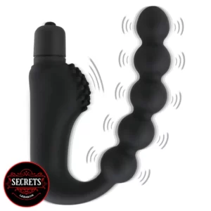 A prostate massger with a curved beaded end designed to stimulate the G spot for men