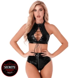 Blonde women wearing sexy Latex Berlin Crop top Set