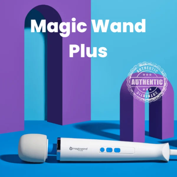 Hitachi Magic Wand Vibrator on a blue background, highlighting its four-speed settings and detachable power cord for convenient storage