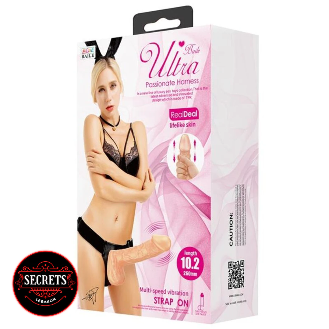 Front view of the 10 Inch Vibrating Strap On Dildo against a white background