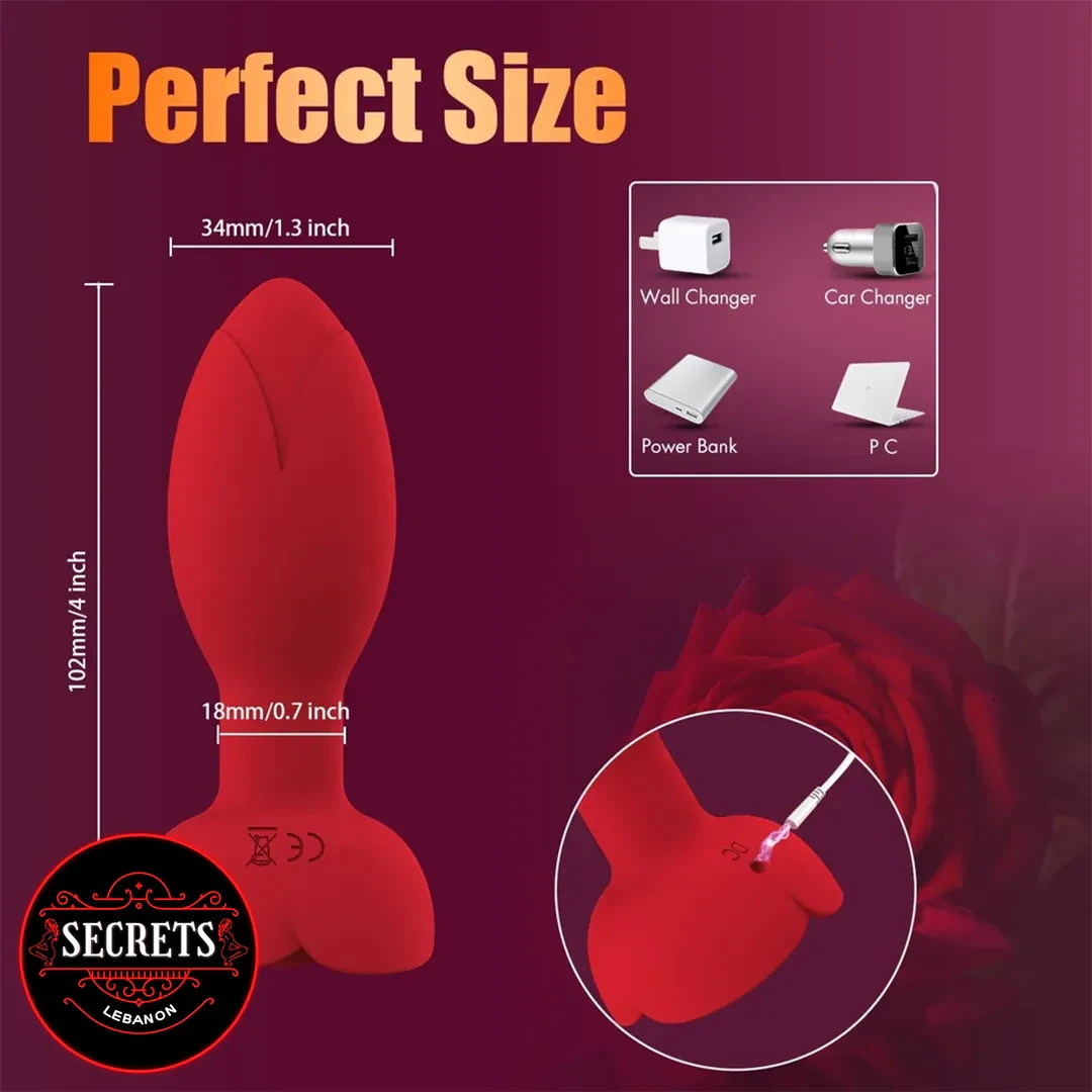 10 Mode App Controlled Rose Butt Plug size diagram in red silicone