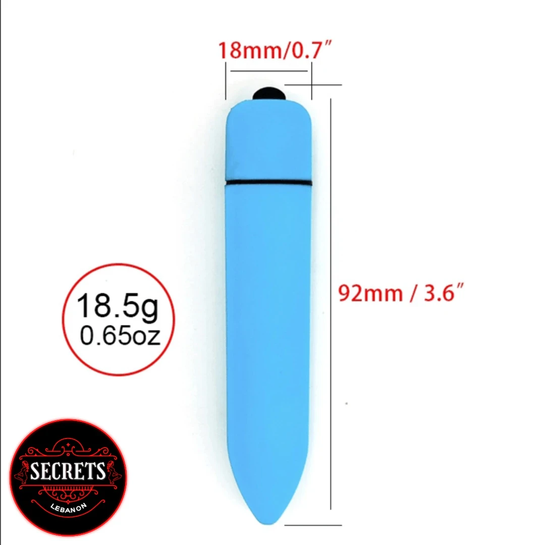10 Mode Mini Bullet Vibrator in blue with size dimensions displayed