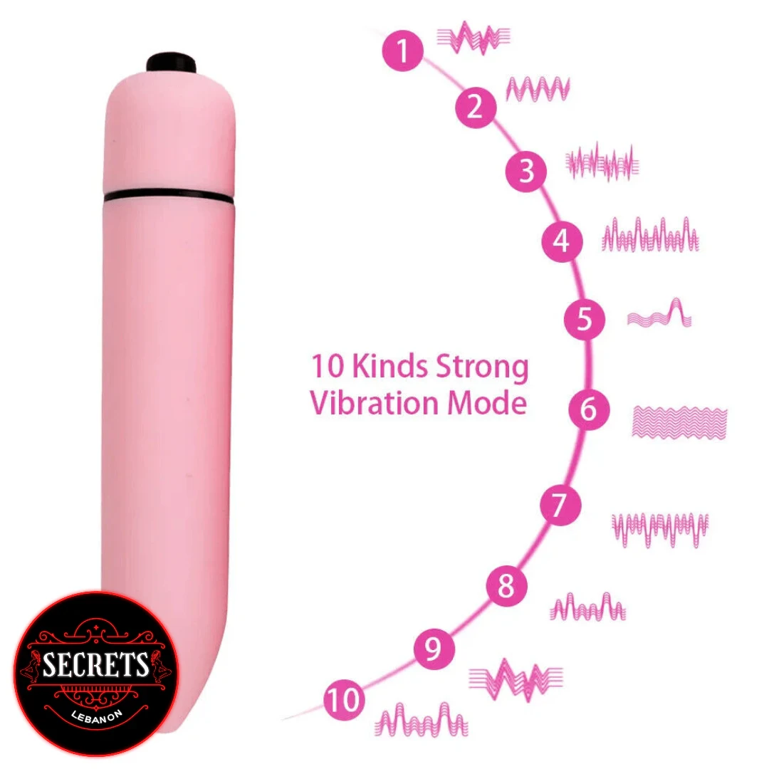 10 Mode Mini Bullet Vibrator in pink showing 10 vibration pattern diagram