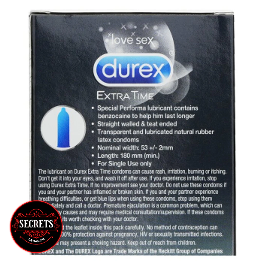 10 Pack Durex Extra Time Condoms back packaging on dark background