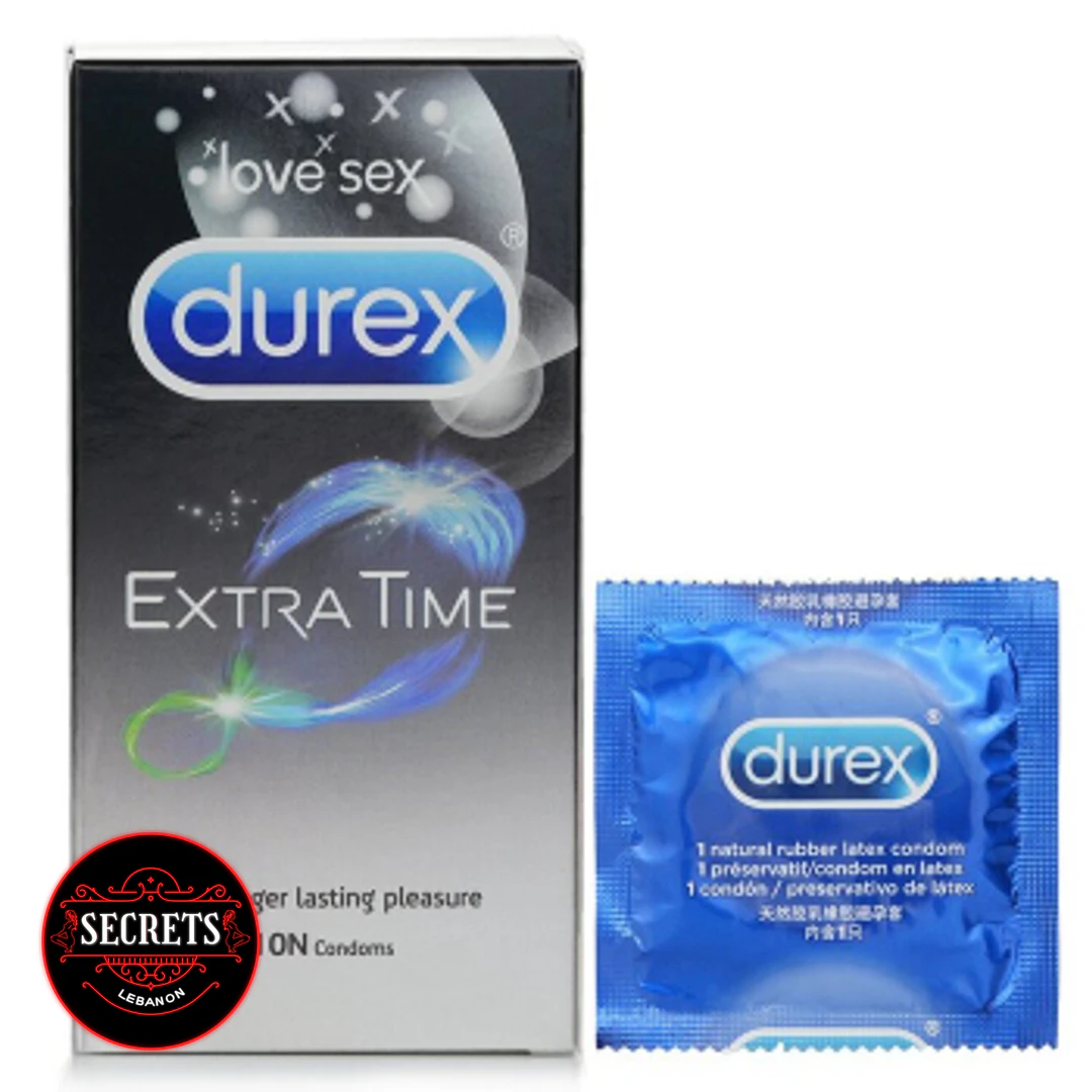 10 Pack Durex Extra Time Condoms box with single blue foil wrapper
