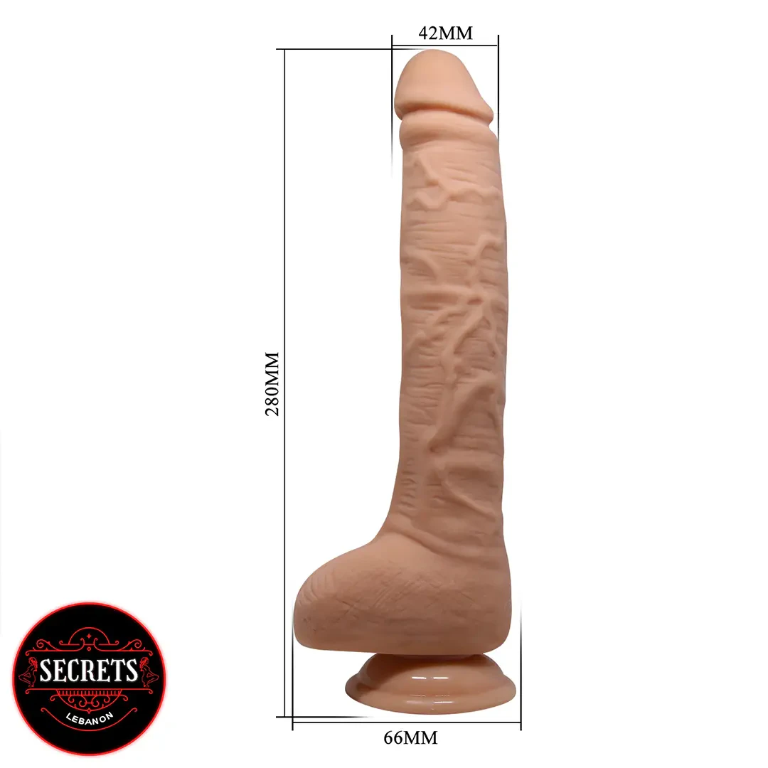 11 Inch Realistic Suction Cup Dildo shown upright with measurements on white background