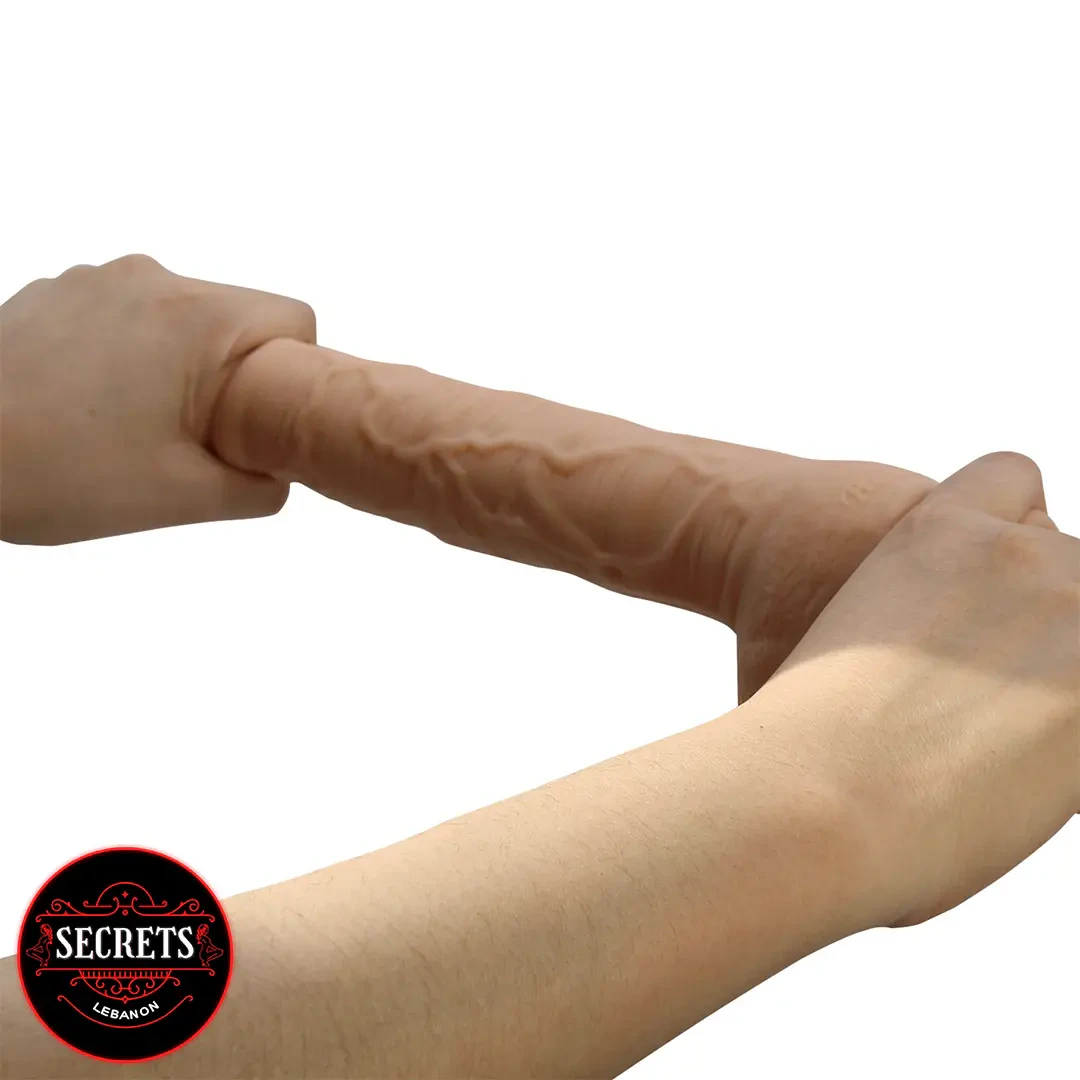 11 Inch Realistic Suction Cup Dildo held by two hands showing veined shaft
