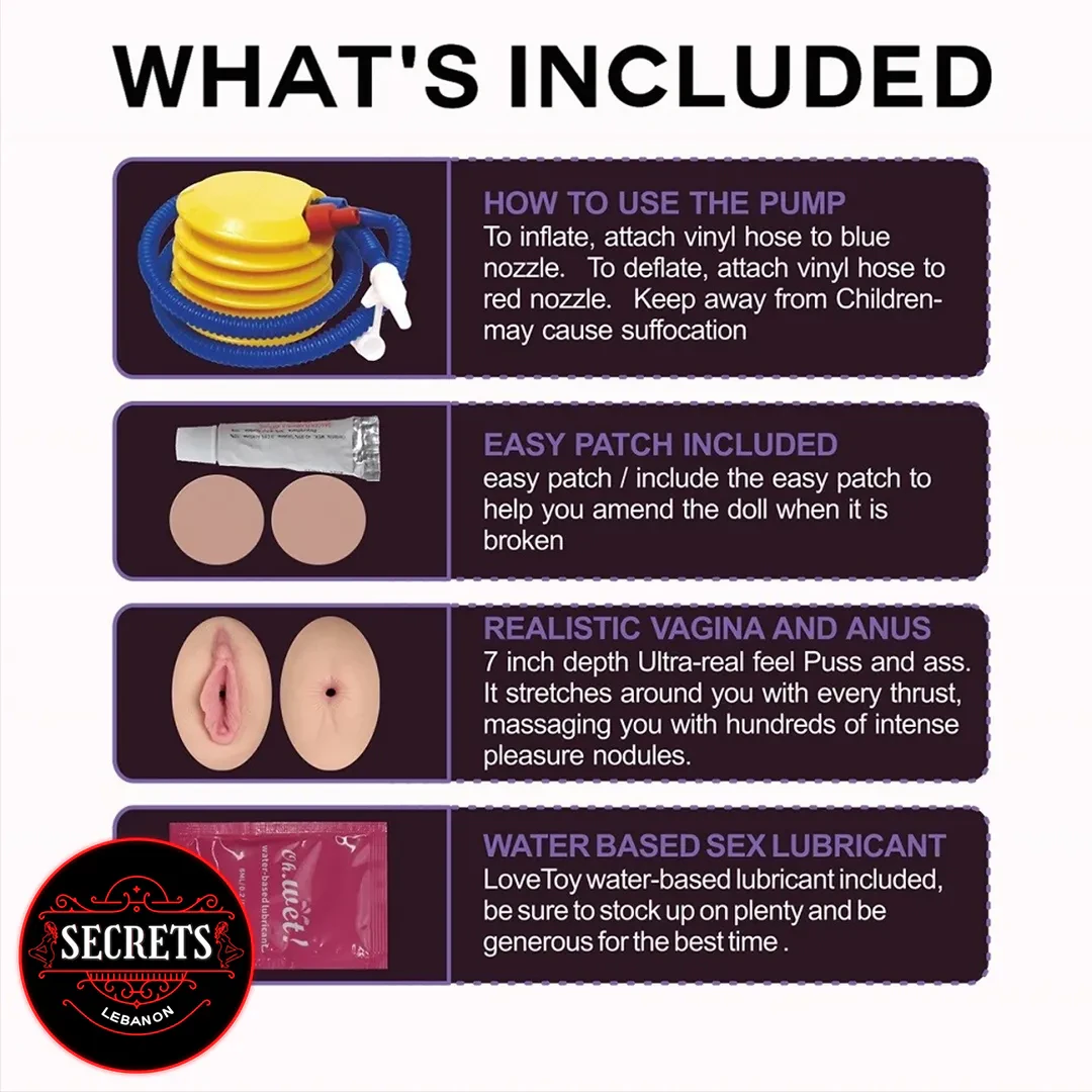152cm Inflatable Full Body Sex Doll included accessories infographic with pump and lubricant