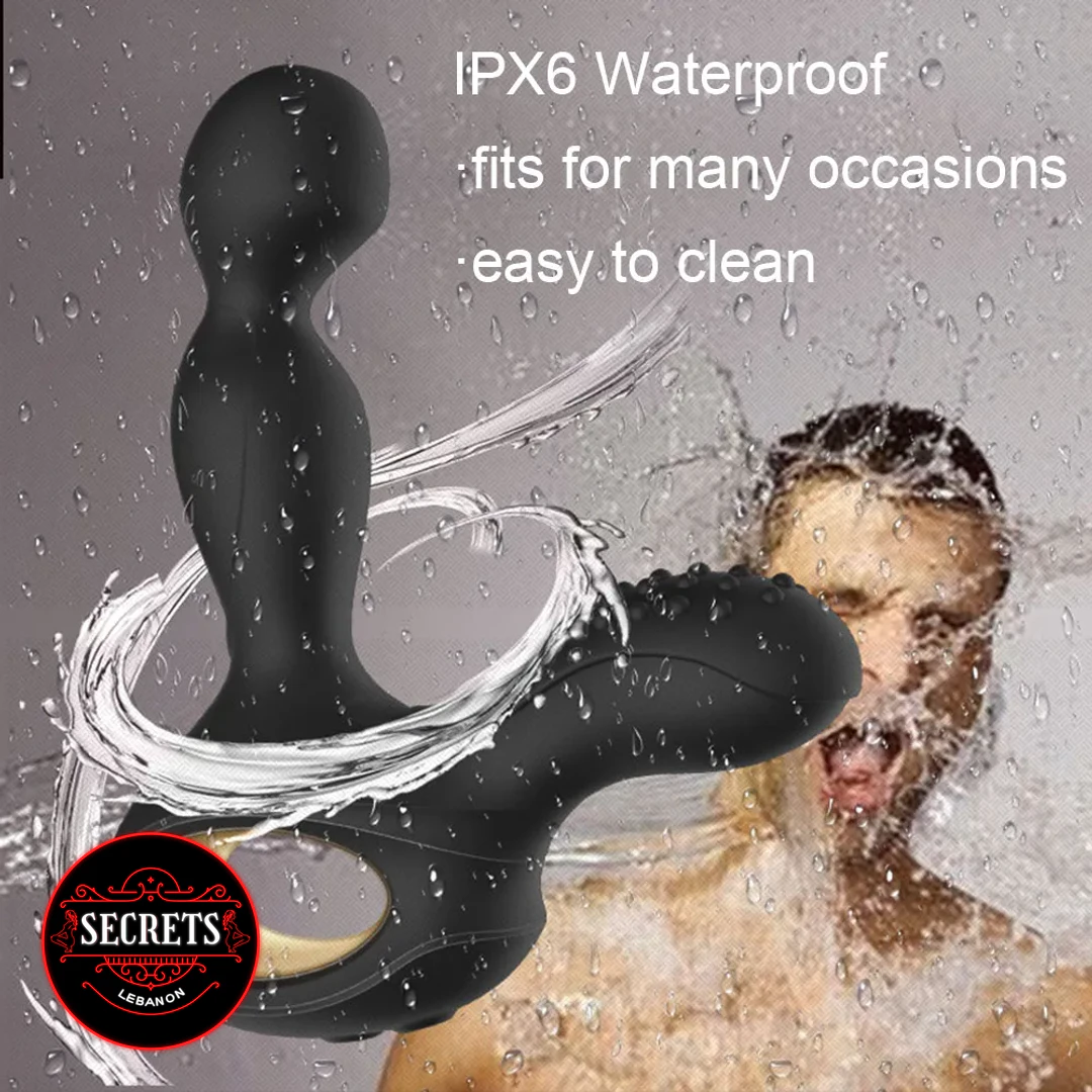 15 Mode Heating Rotating Prostate Vibrator black silicone shown with water splashing