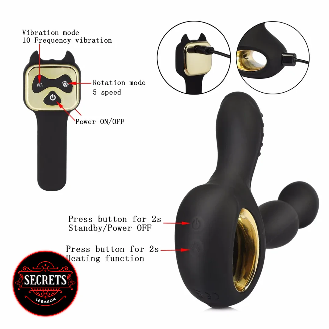 15 Mode Heating Rotating Prostate Vibrator in black silicone with gold accents