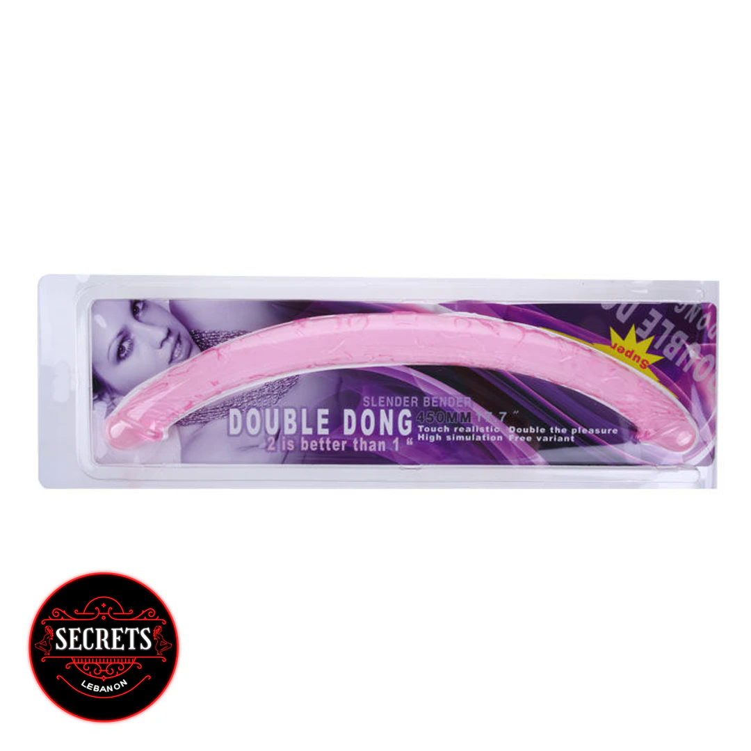 18 Inch Flexible Double Dong pink curved dildo shown in retail packaging