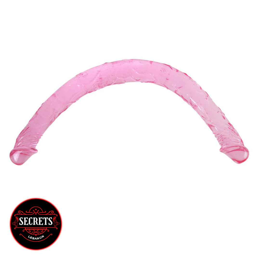 18 Inch Flexible Double Dong in pink jelly arched on white background