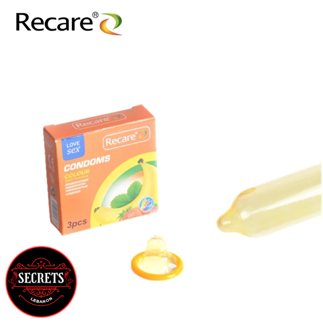3 Pack Fruit Flavoured Condoms in orange box with yellow unrolled condom