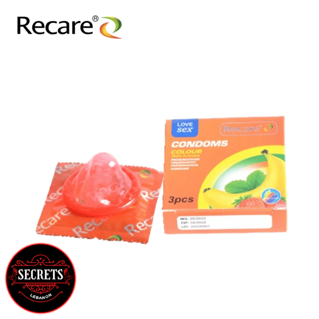 3 Pack Fruit Flavoured Condoms orange box with unwrapped pink condom