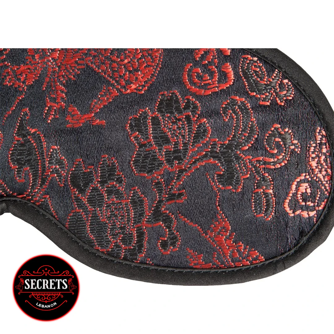 3 Piece Brocade BDSM Kit blindfold with red floral jacquard detail