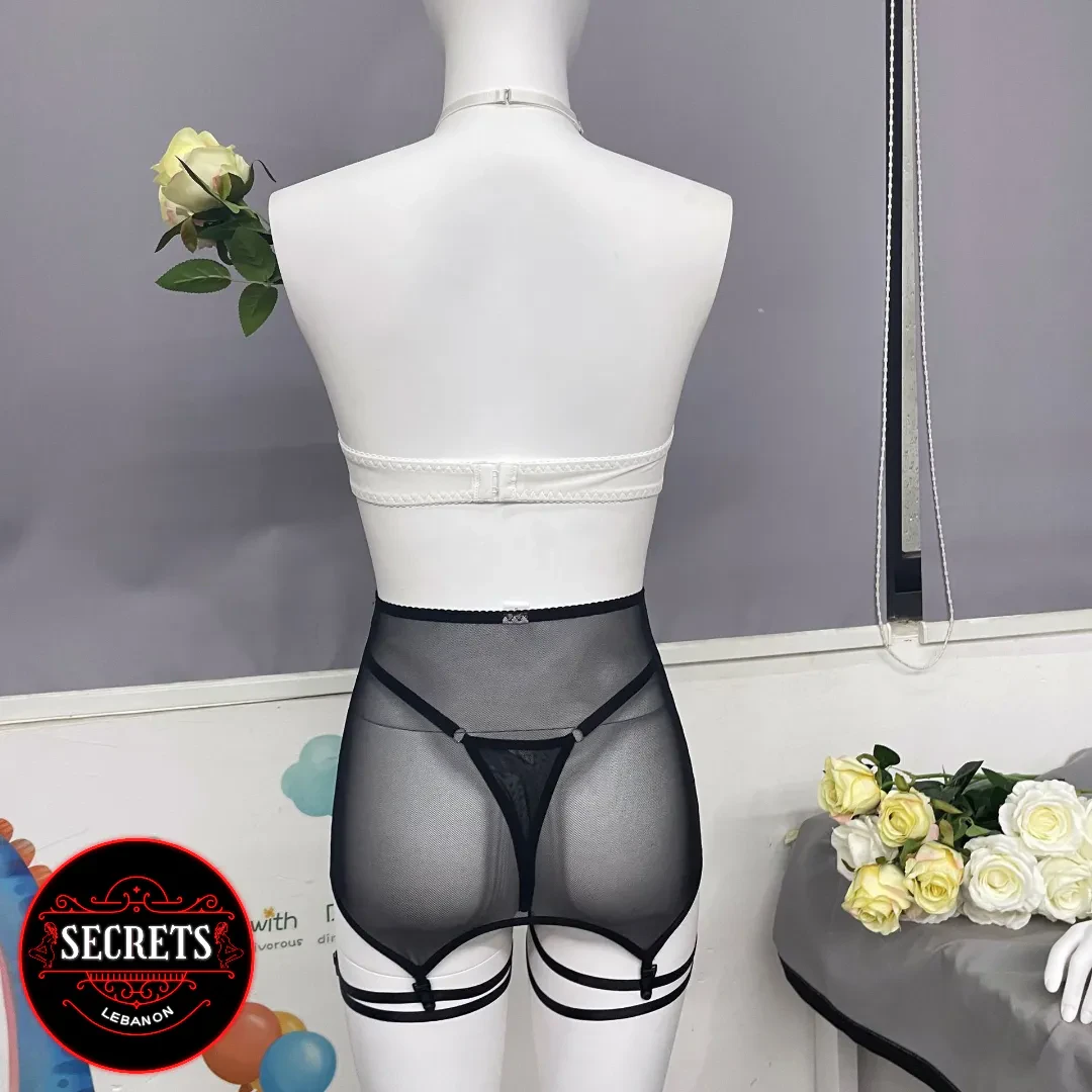 3 Piece Mesh Halter Garter Set rear view in black sheer mesh