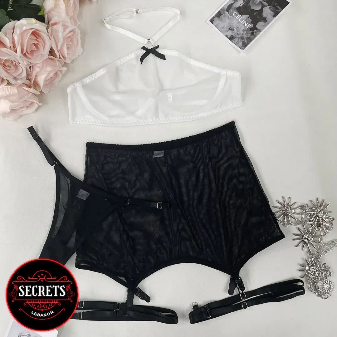 3 Piece Mesh Halter Garter Set in white and black flat lay