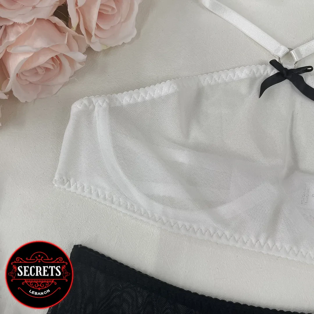 3 Piece Mesh Halter Garter Set white top with black bow detail