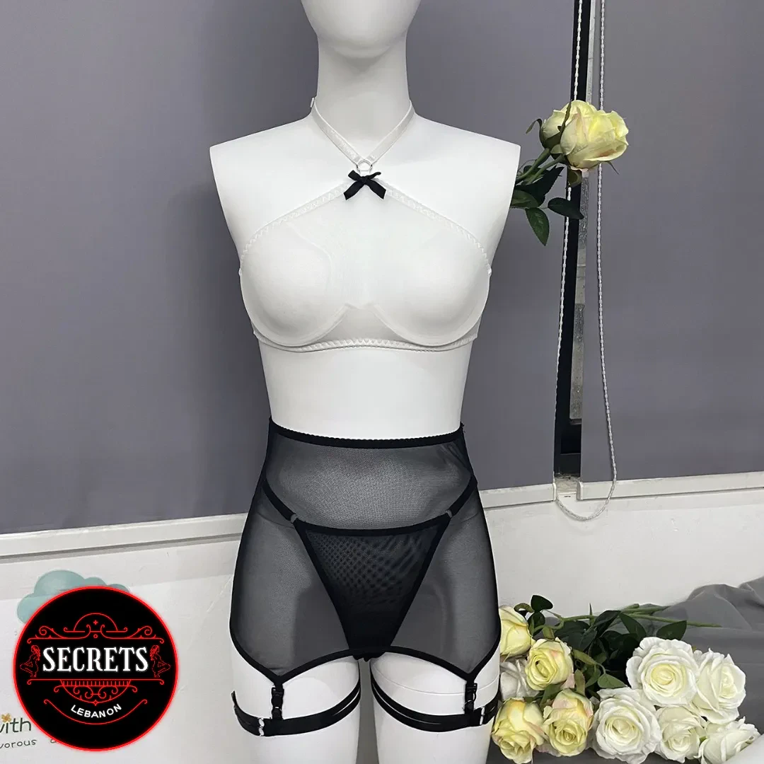 3 Piece Mesh Halter Garter Set displayed front-on in white and black