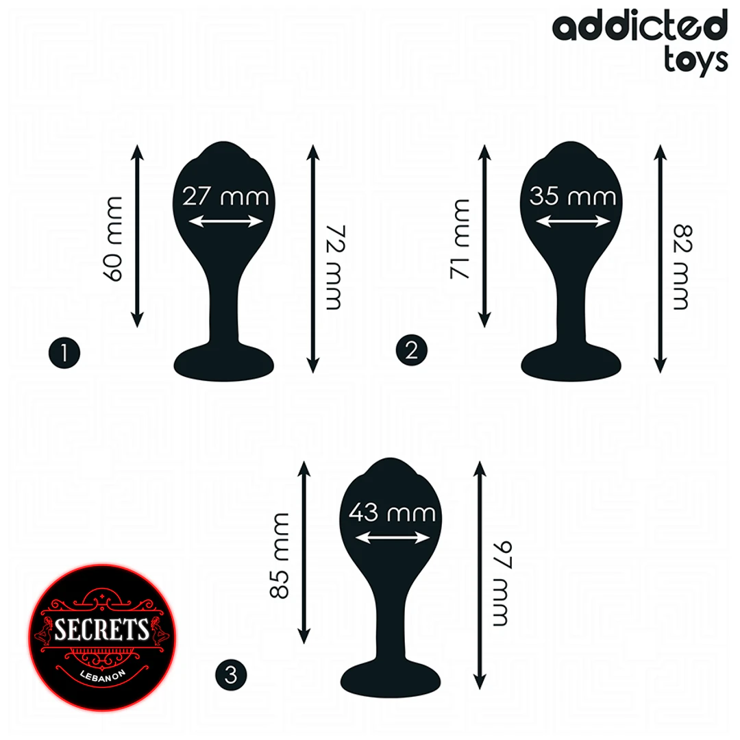 3 Sizes Jewel Base Butt Plug Set size diagram with millimetre measurements