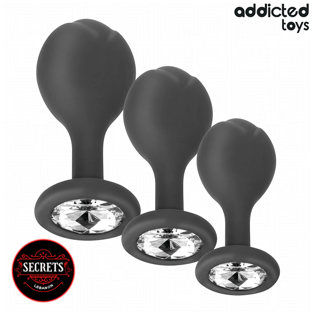 3 Sizes Jewel Base Butt Plug Set in black silicone with crystal gems