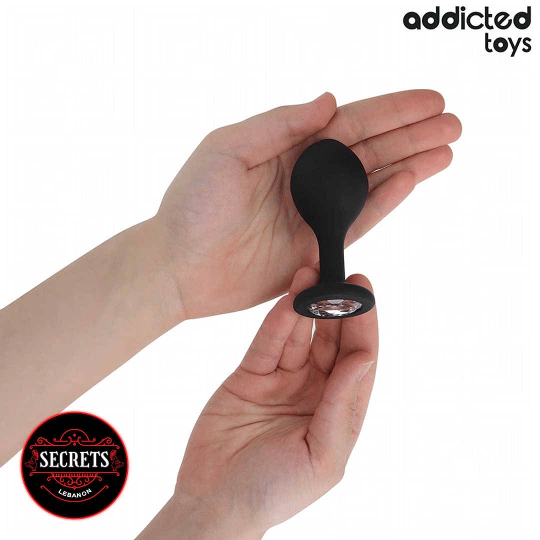 3 Sizes Jewel Base Butt Plug Set small black silicone plug with crystal base held in two hands