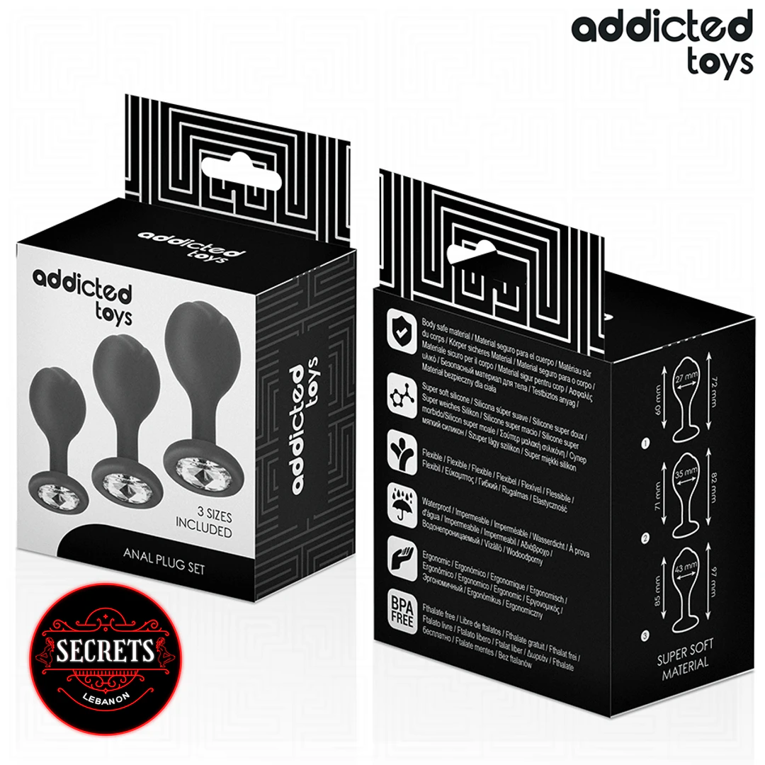 3 Sizes Jewel Base Butt Plug Set black silicone front and back packaging