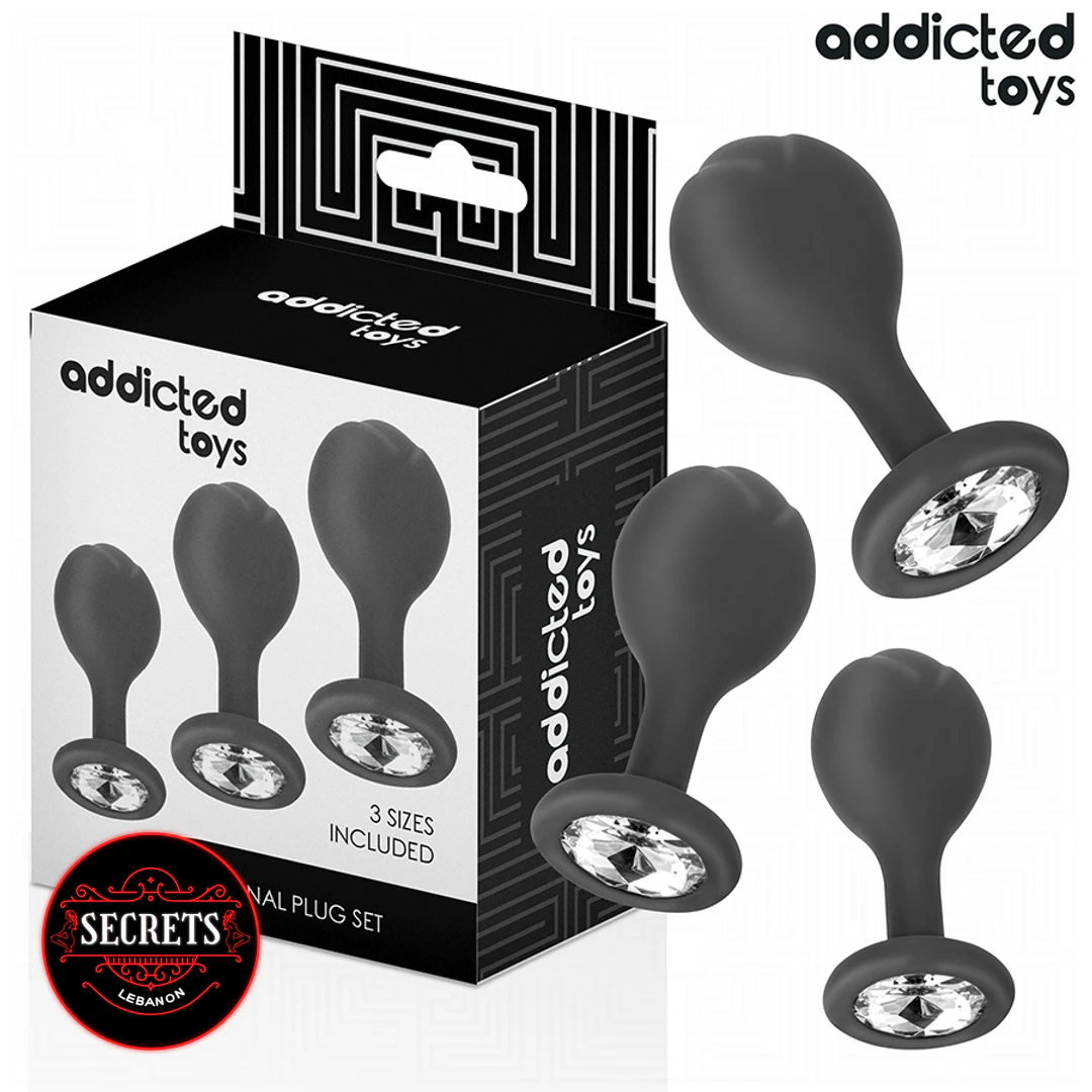 3 Sizes Jewel Base Butt Plug Set in black silicone with crystal bases