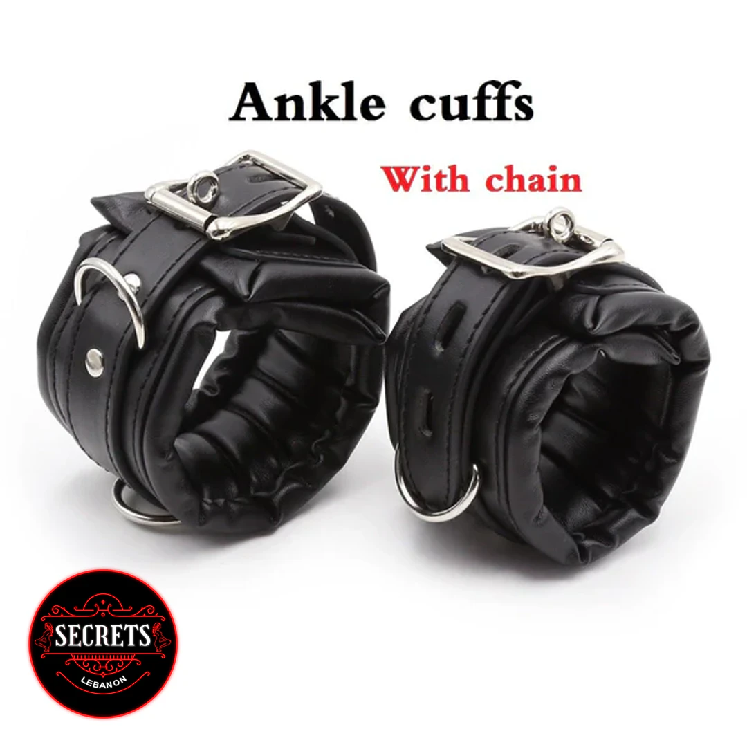 4 Cuff Steel Spreader Bar Set padded black leather ankle cuffs with silver buckles
