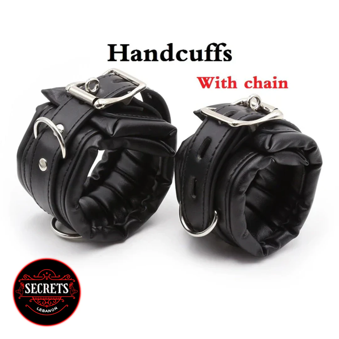 4 Cuff Steel Spreader Bar Set padded black faux leather wrist cuffs with silver buckles