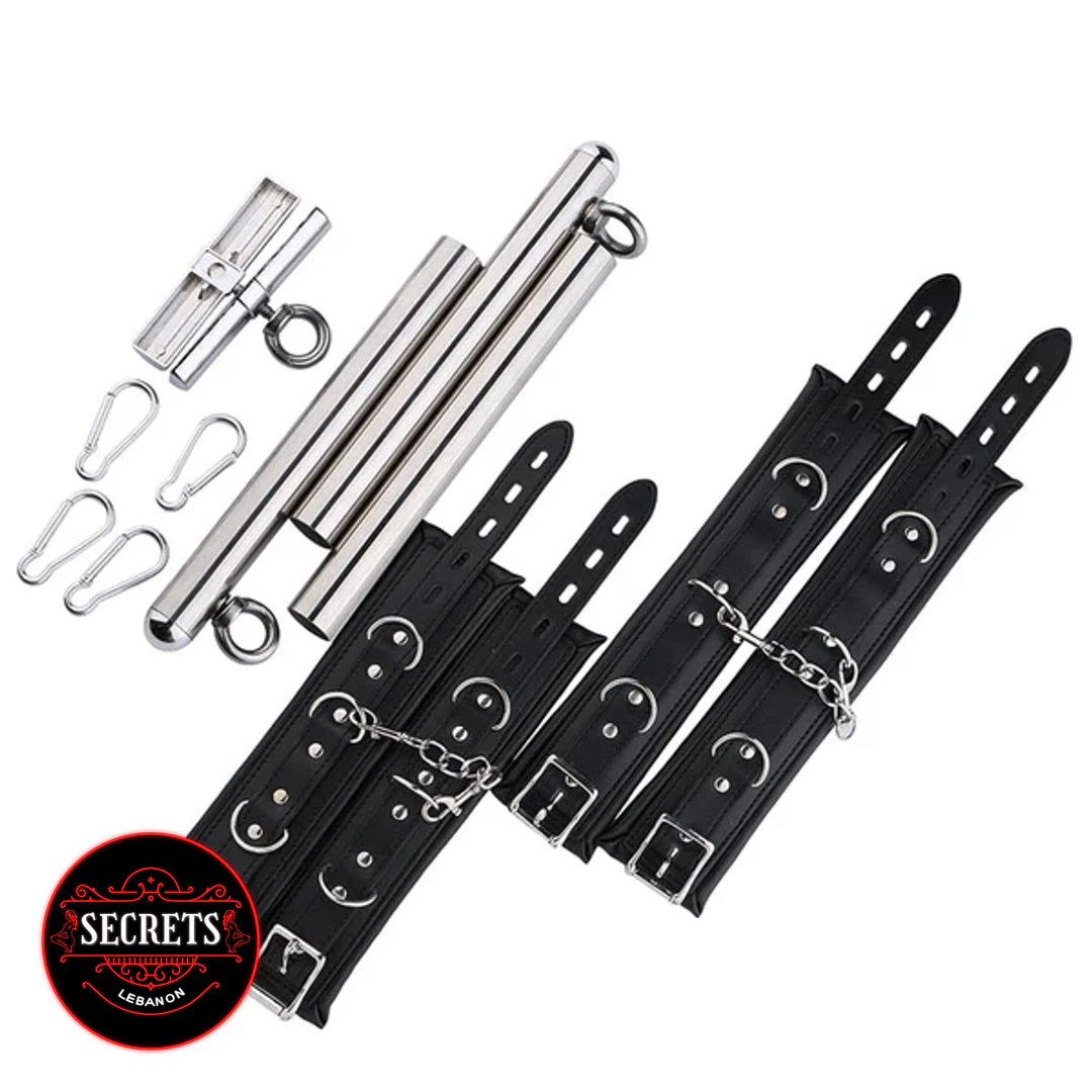 4 Cuff Steel Spreader Bar Set with black cuffs and carabiners