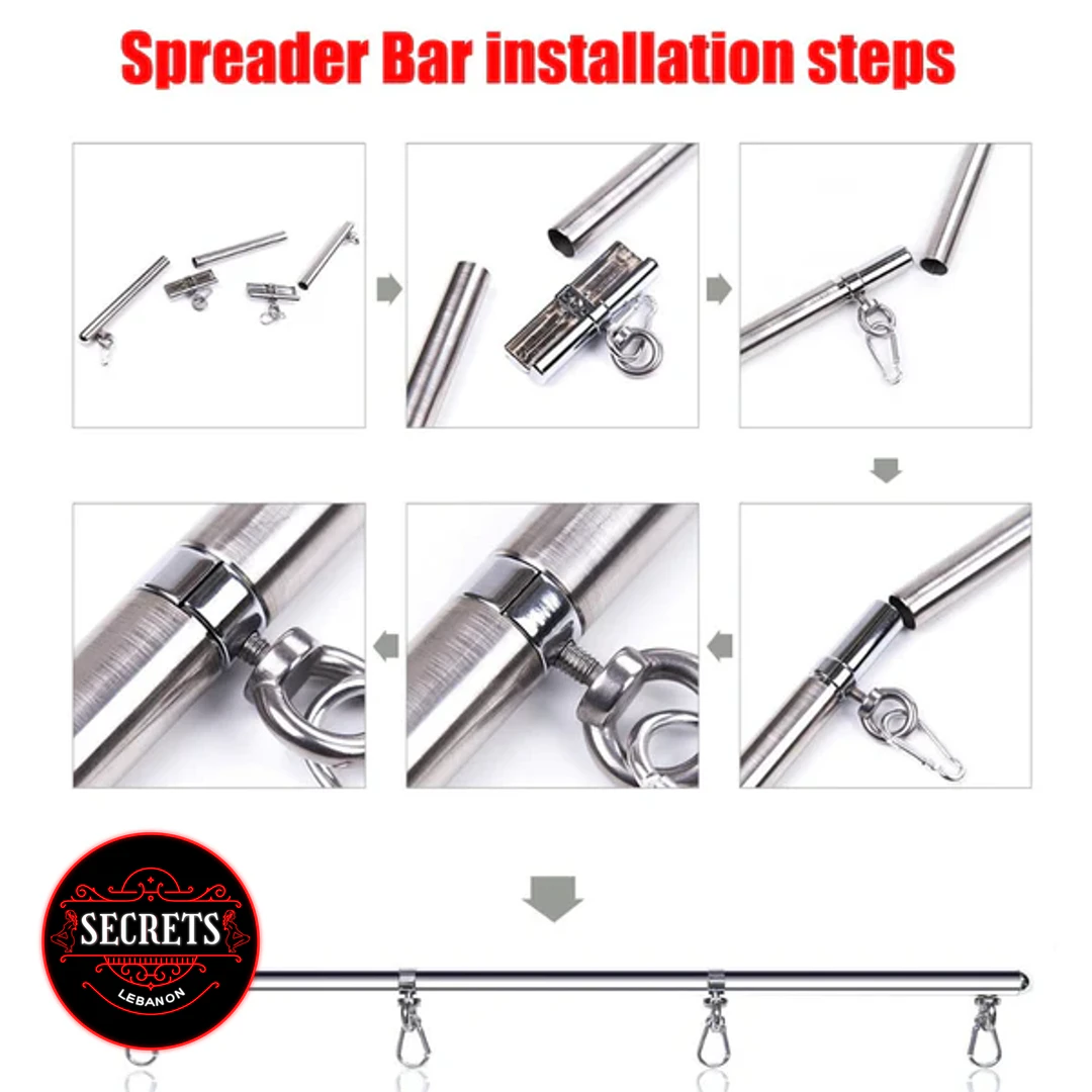 4 Cuff Steel Spreader Bar Set assembly steps with chrome hardware close-ups