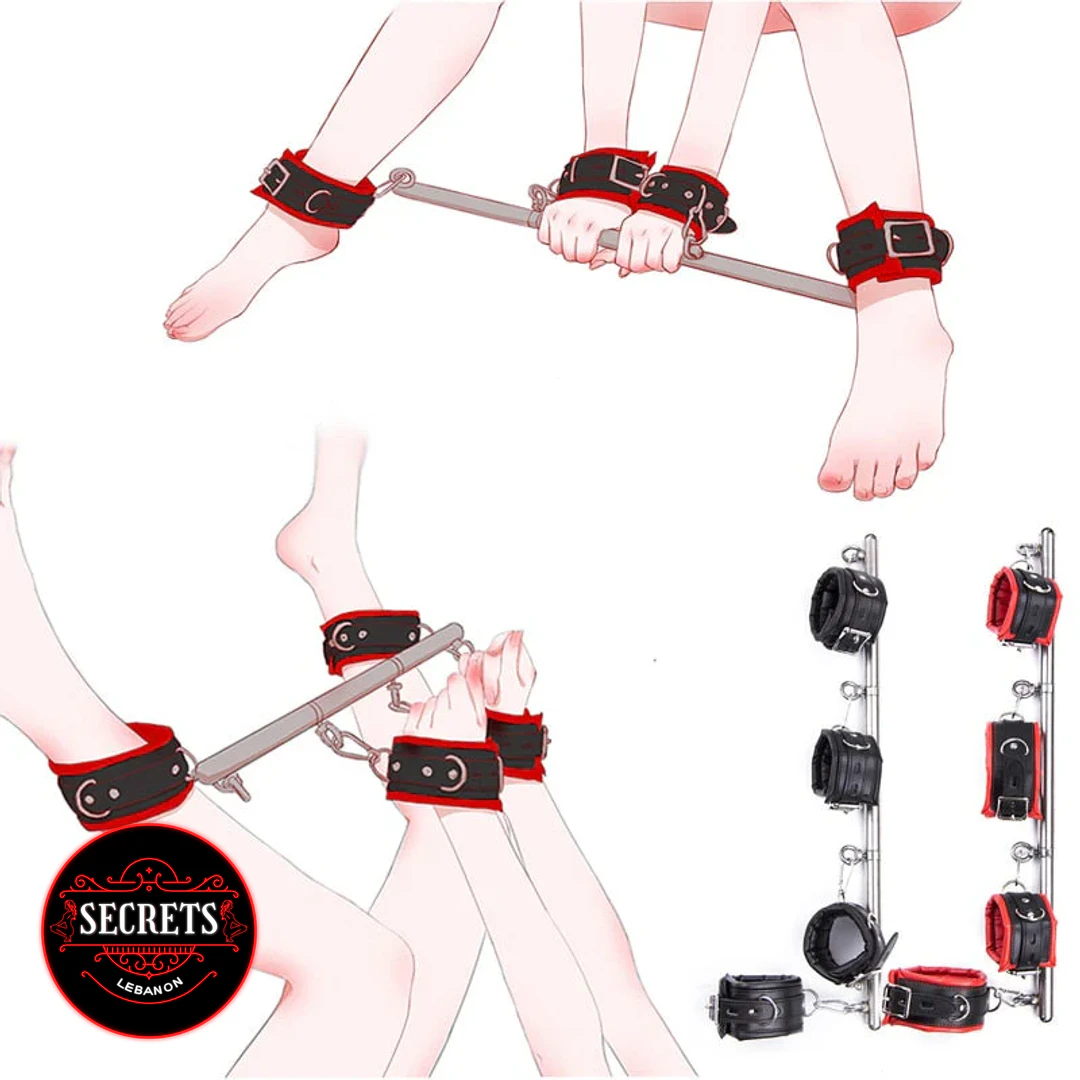 4 Cuff Steel Spreader Bar Set with black and red padded cuffs