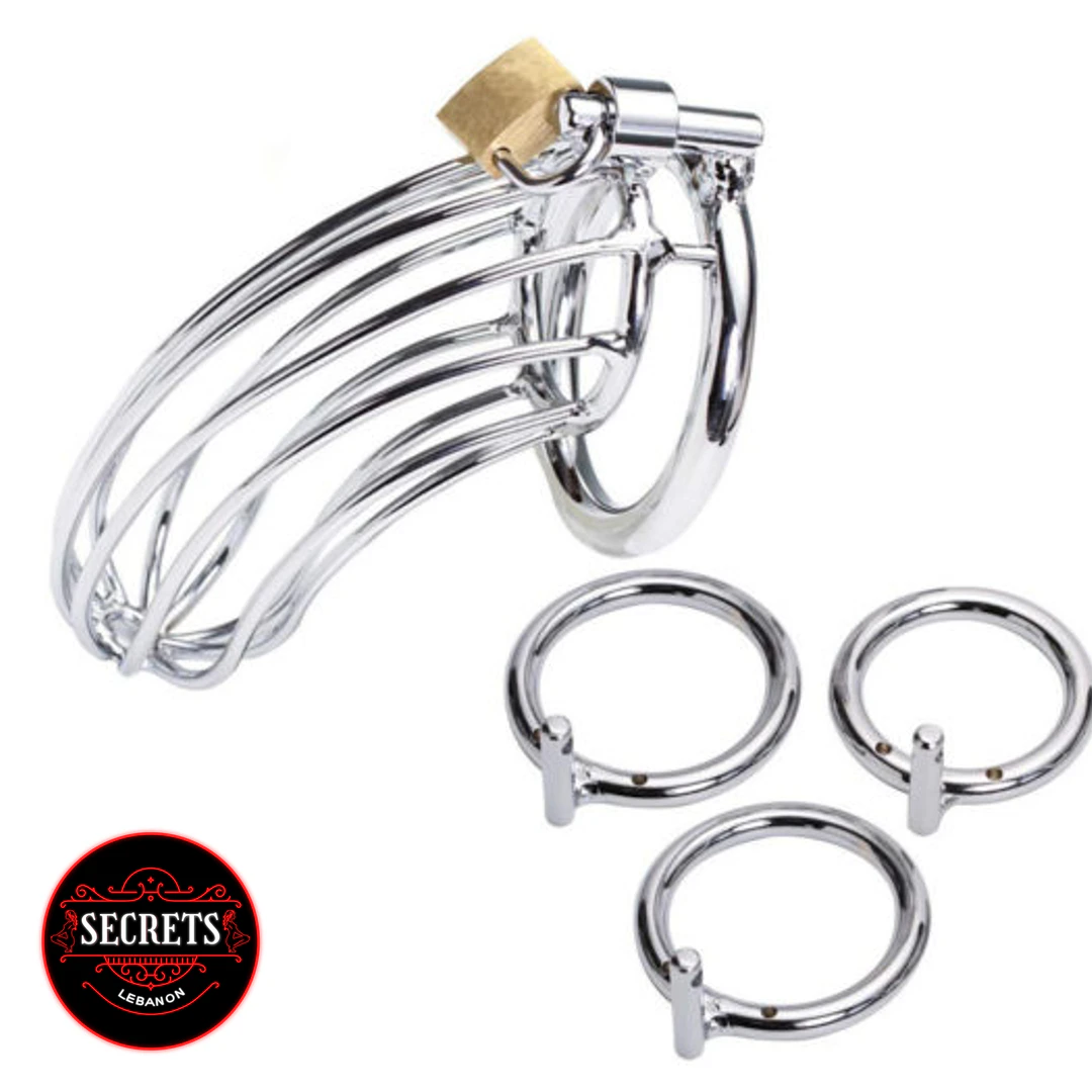 4 Piece Steel Chastity Cage Kit with brass padlock and three rings