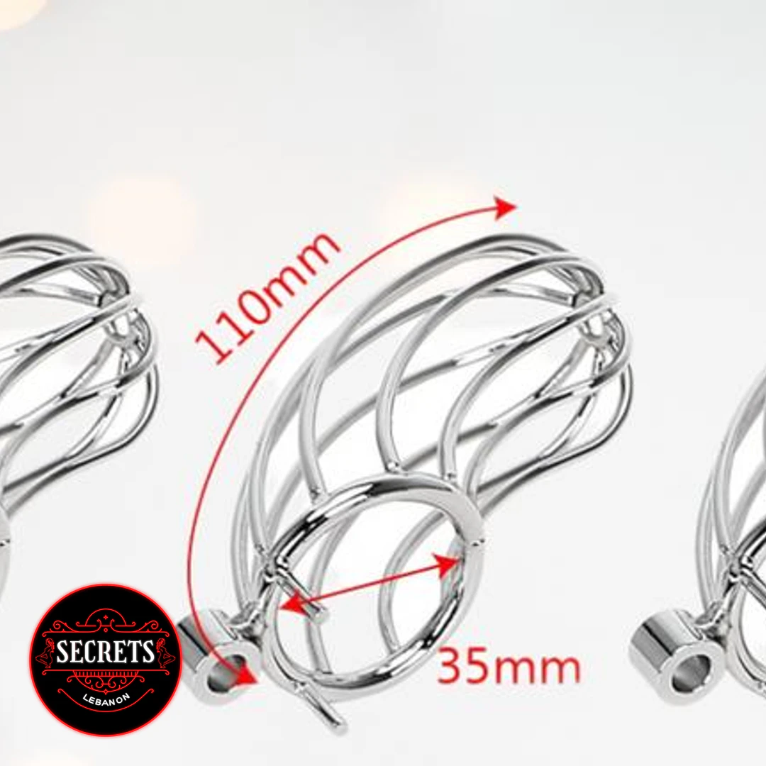 4 Piece Steel Chastity Cage Kit with 110mm length and 35mm ring diameter shown