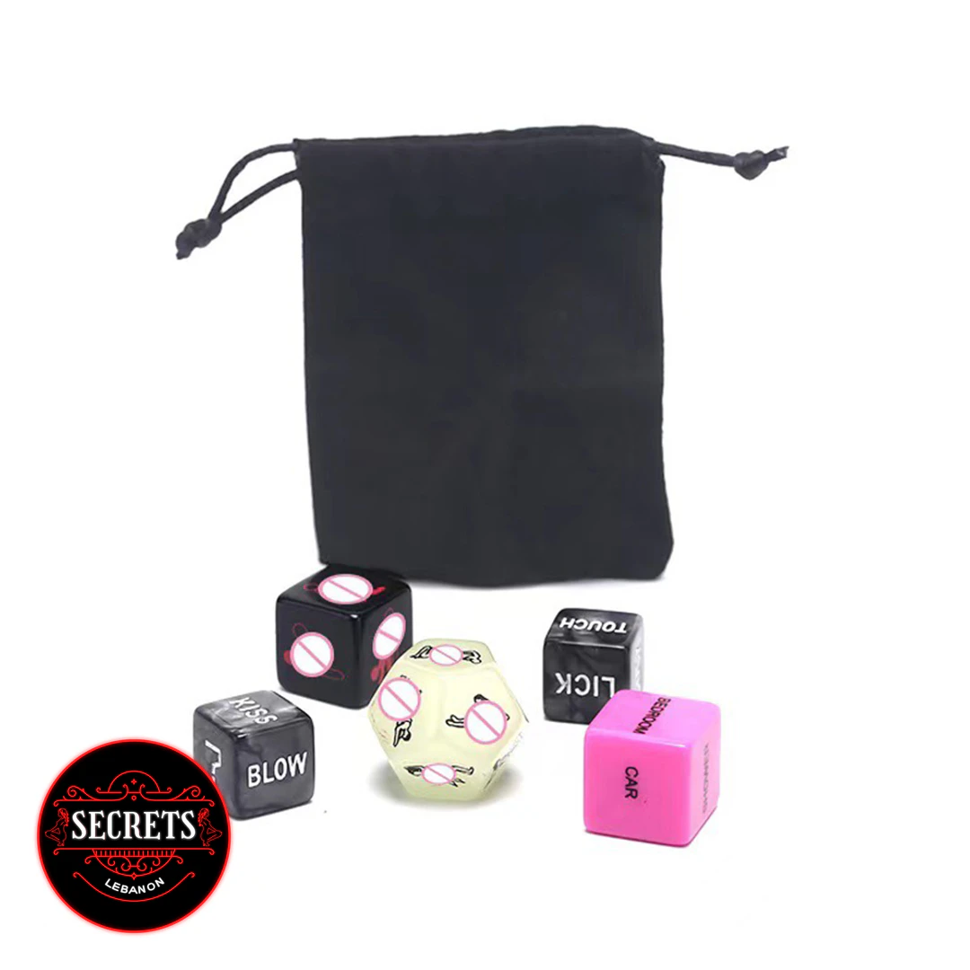 5 Piece Couples Sex Dice Set with black velvet drawstring pouch