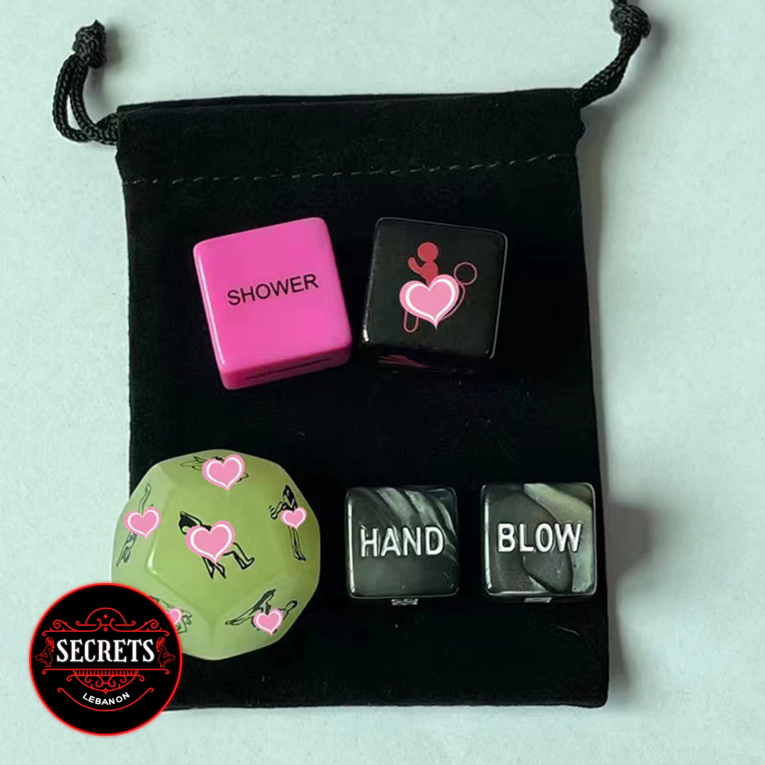 5 Piece Couples Sex Dice Set with black velvet drawstring pouch