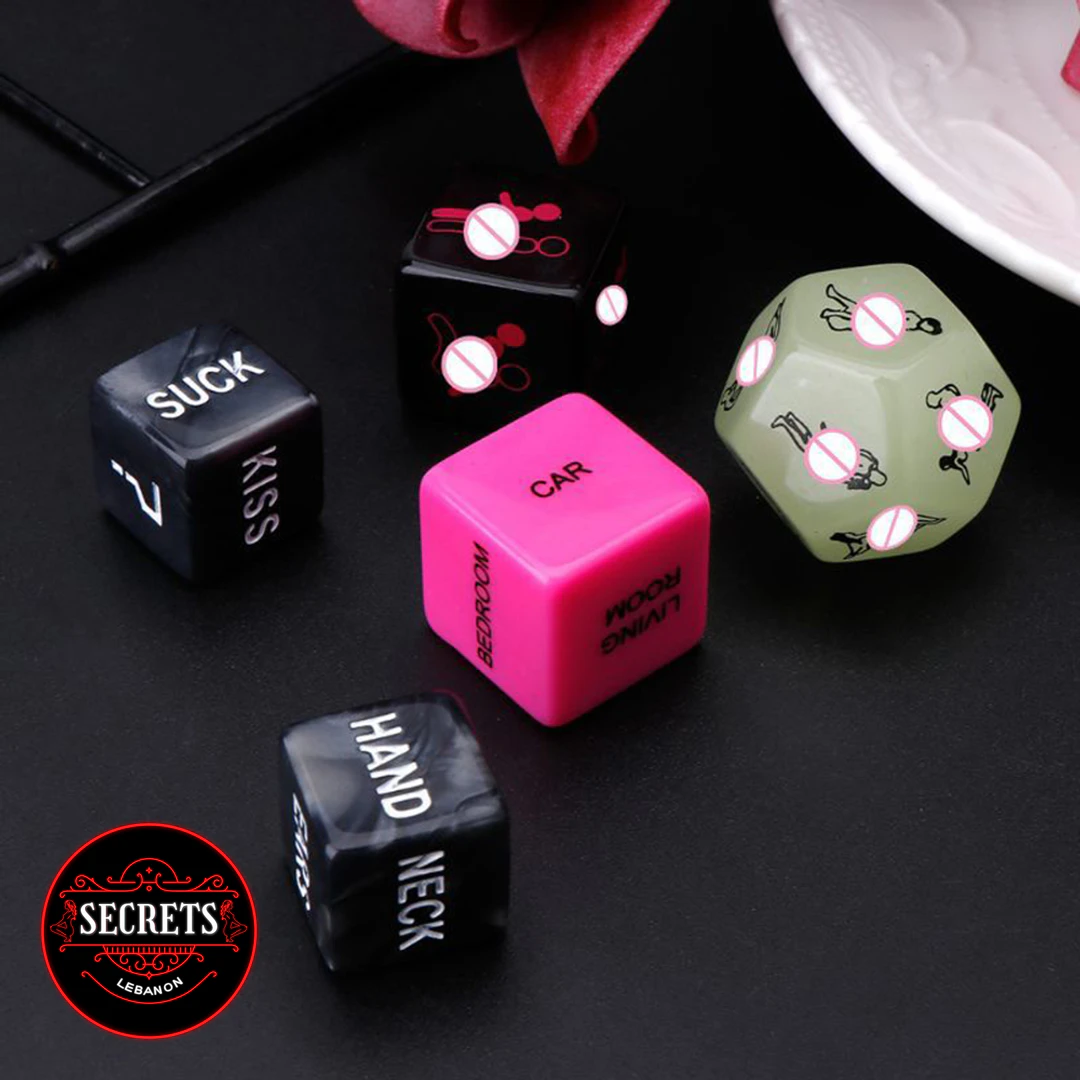 5 Piece Couples Sex Dice Set in black pink and glow green