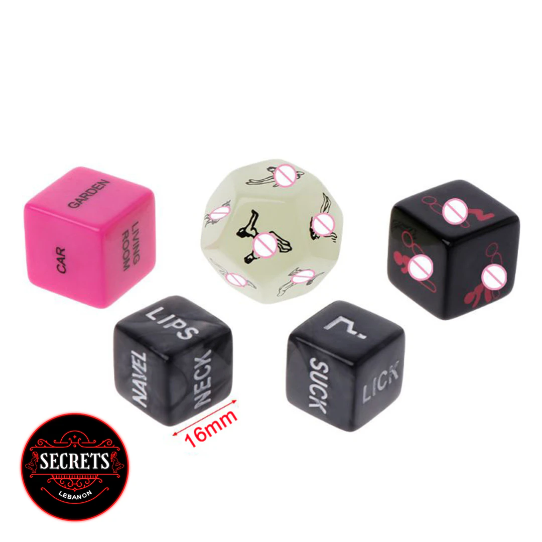 5 Piece Couples Sex Dice Set in pink, black, and glow-in-dark styles