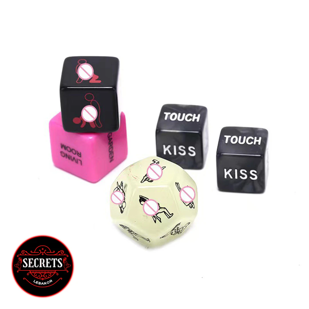 5 Piece Couples Sex Dice Set including pink black and glow dice