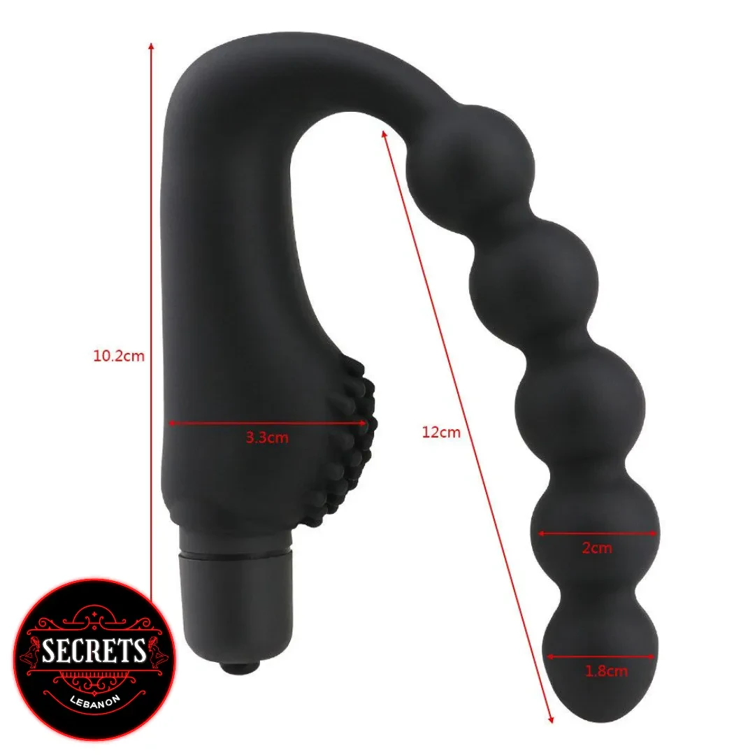 7 Bead Anal Prostate Vibrator in black silicone with size measurements shown