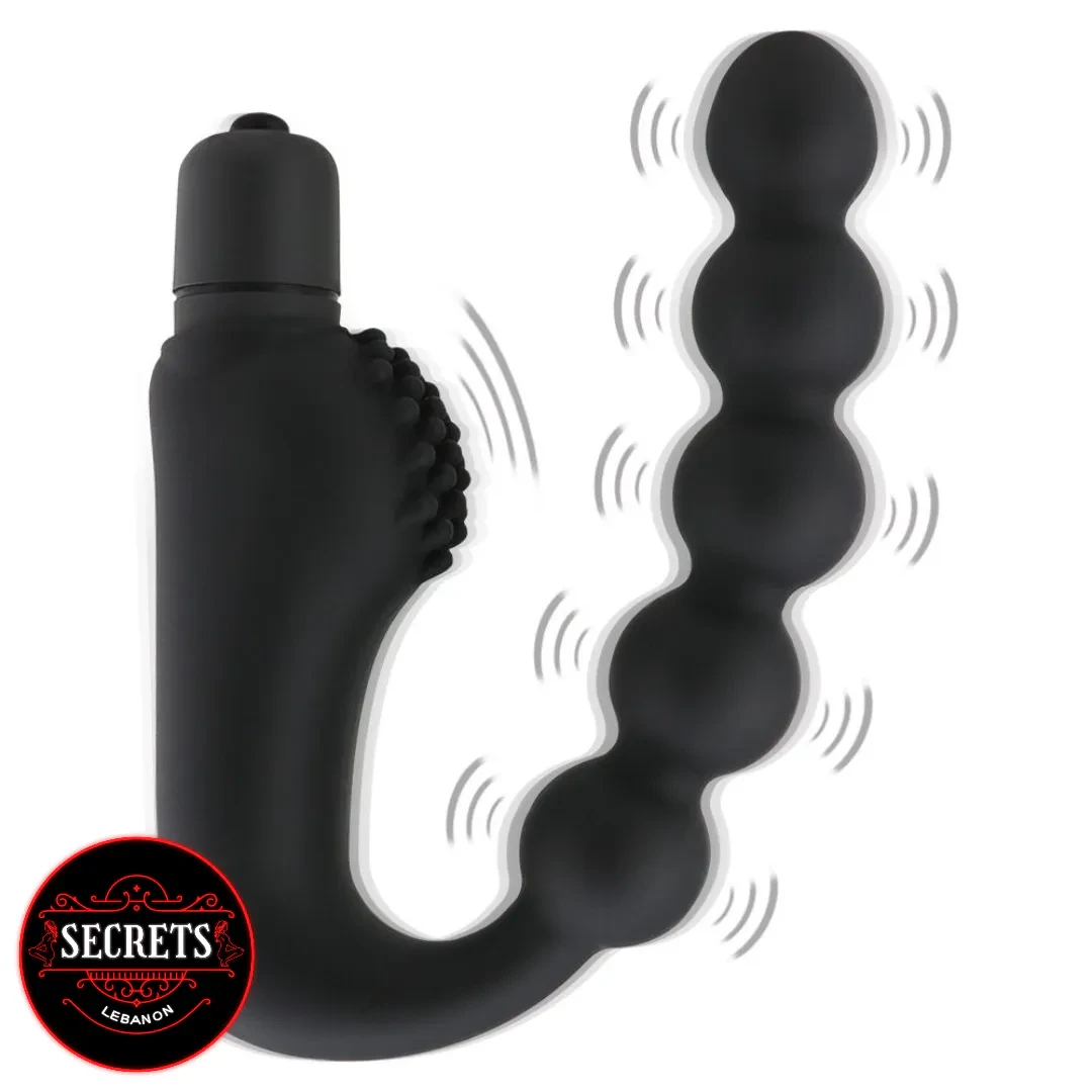 7 Bead Anal Prostate Vibrator in black silicone with vibration motion lines