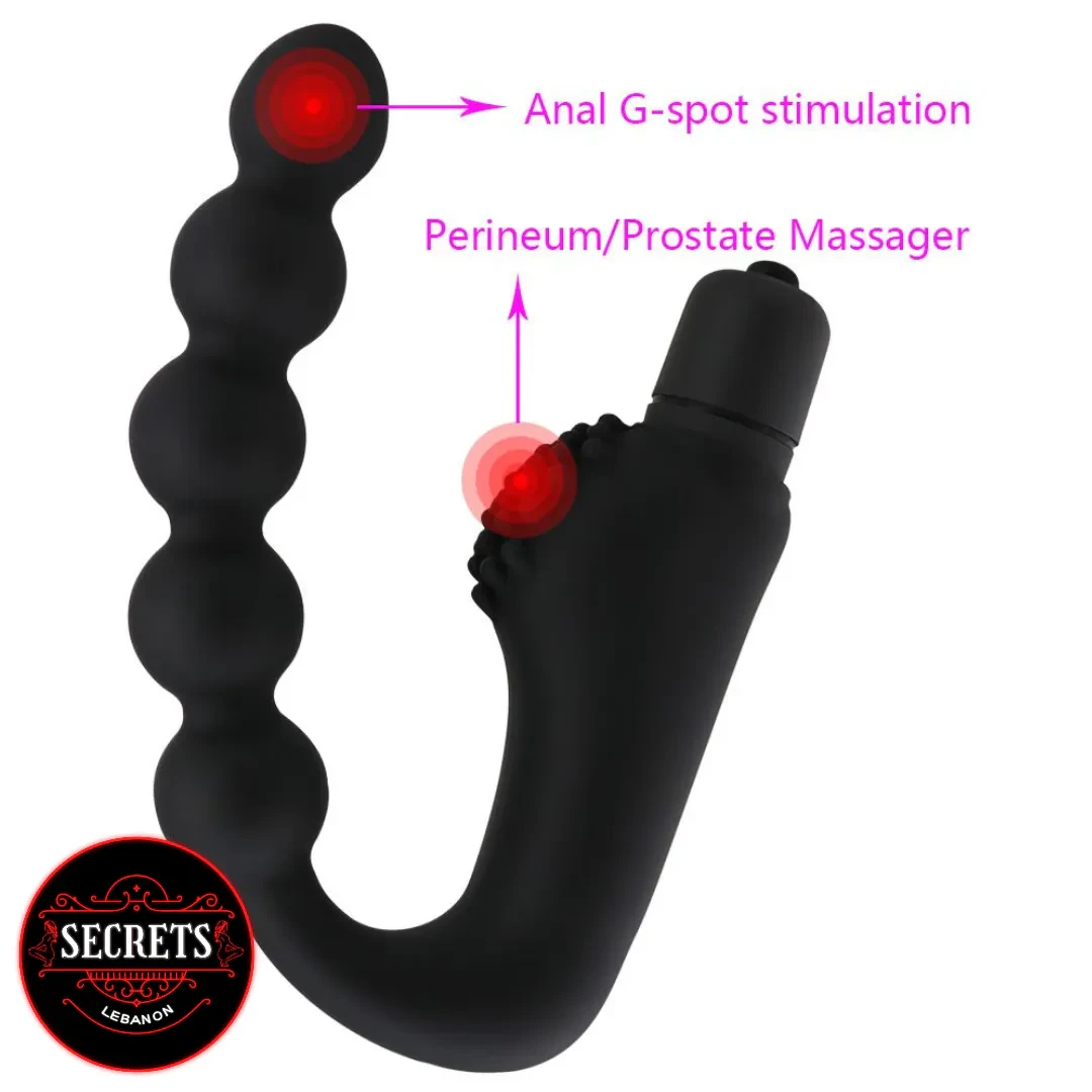 7 Bead Anal Prostate Vibrator in black silicone with labelled stimulation points