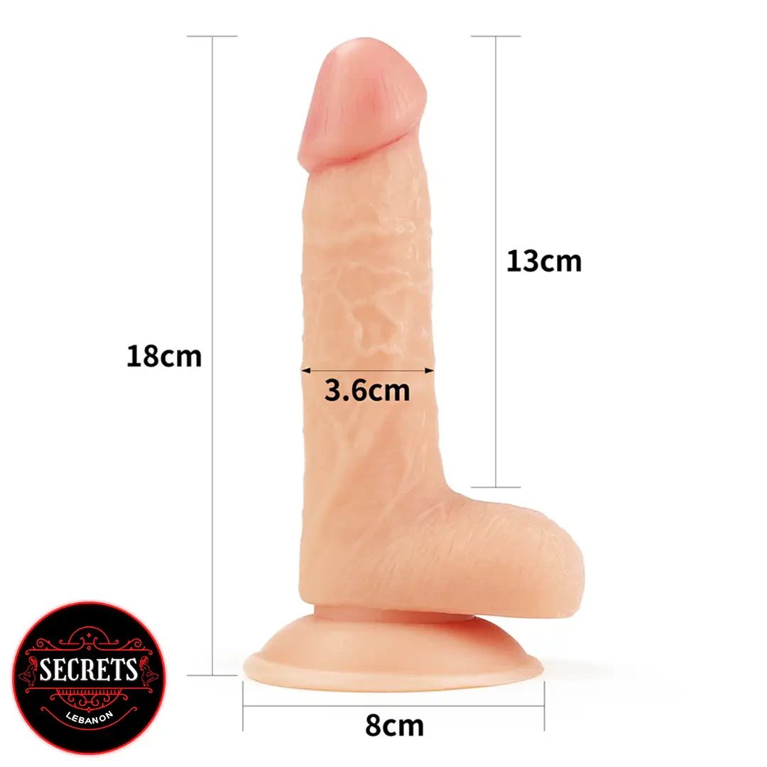 7 Inch Ultra Soft Realistic Dildo with suction cup base and size measurements