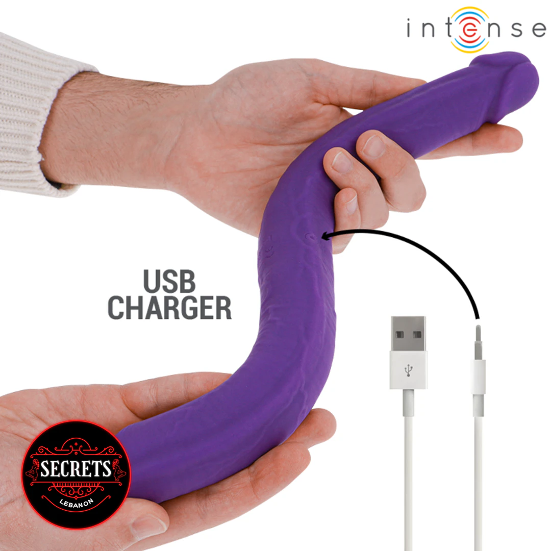 7 Mode Double Ended Vibrating Dildo in purple held by two hands