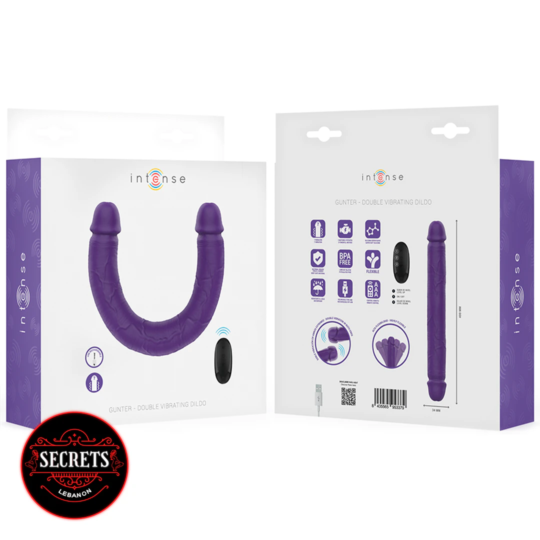 7 Mode Double Ended Vibrating Dildo purple packaging front and back view