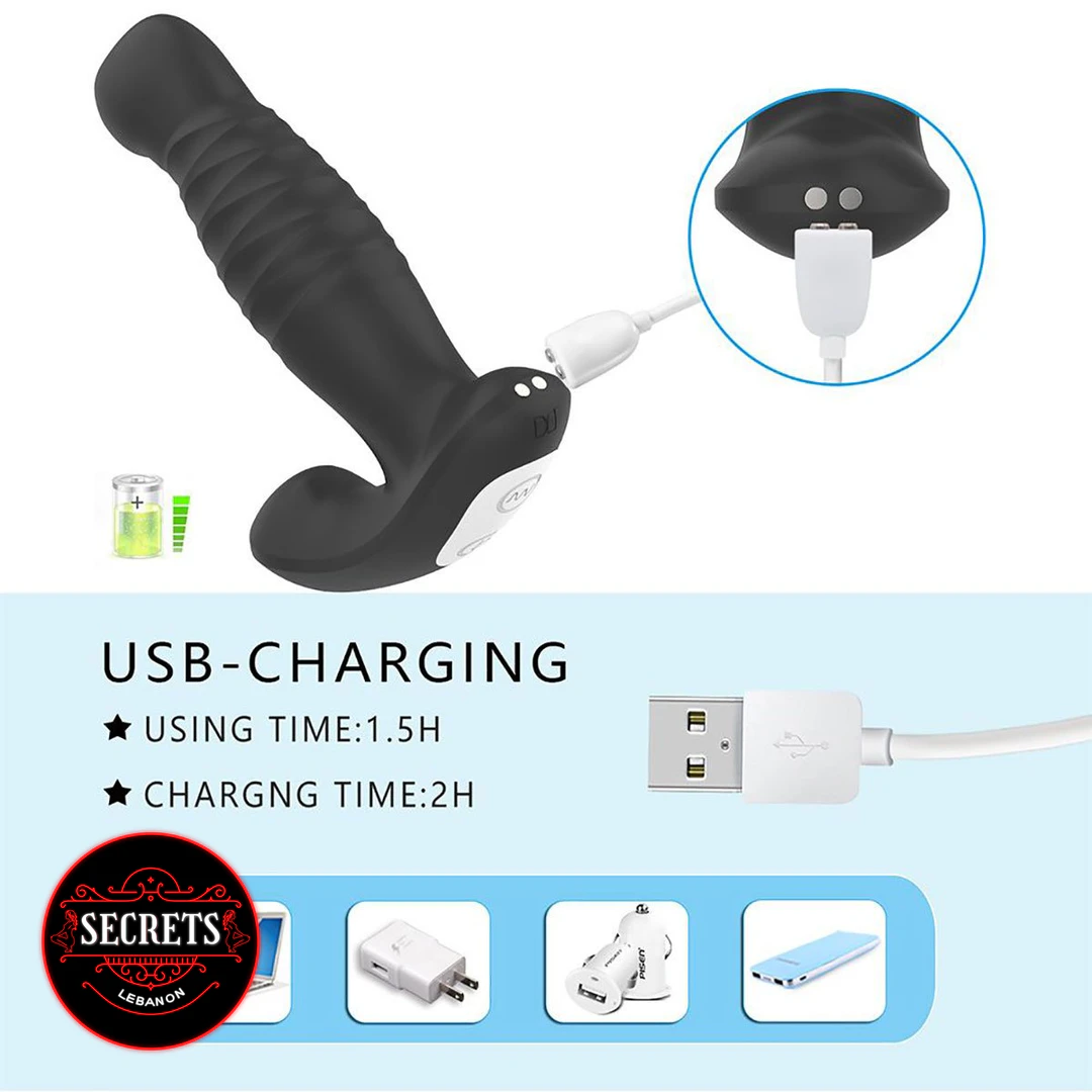 7 Mode Thrusting Prostate Vibrator black silicone with USB magnetic charging cable